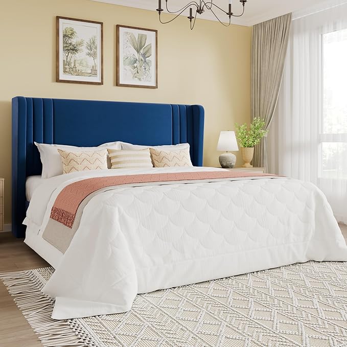 SHA CERLIN Queen Size Velvet Upholstered Platform Bed Frame with Vertical Channel Tufted Wingback Headboard, Wooden Slats Support, Easy Assembly, Under Bed Storage, No Box Spring Required, Blue