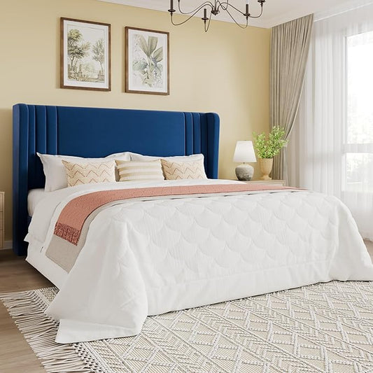 SHA CERLIN Queen Size Velvet Upholstered Platform Bed Frame with Vertical Channel Tufted Wingback Headboard, Wooden Slats Support, Easy Assembly, Under Bed Storage, No Box Spring Required, Blue