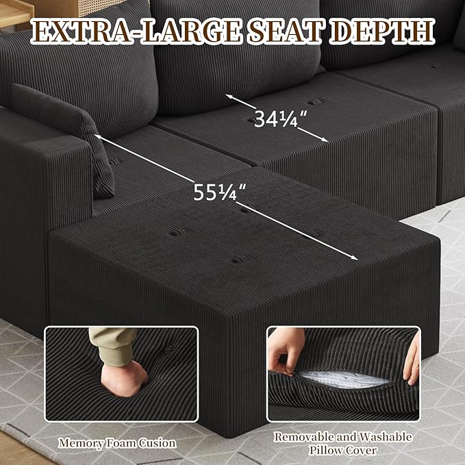 105" Modular Cloud Couch with Chaise Lounge, L-Shape Non-Assembly Required Sectional Sofa, 27" Deep Seat Modern Corduroy Sofa, Comfy High-Density Foam Couch for Living Room, Apartment