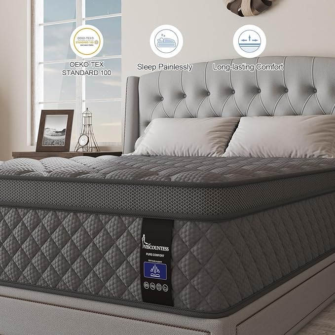 King Mattress, 10 Inch Hybrid Mattresses Grey Medium Firm for Back & Lumbar Support, 100 Night Trial, Individual Pocket Spring Mattresses for Motion Isolation & Pressure Relief