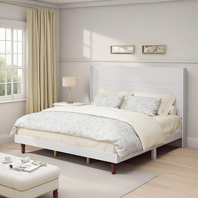 GDFStudio Tall Headboard King Size Bed,Platform Bed Frame with High Back,Wooden Slat Mattress Support No Box Spring Needed Easy Assembly Minimalist Designs 54" H White