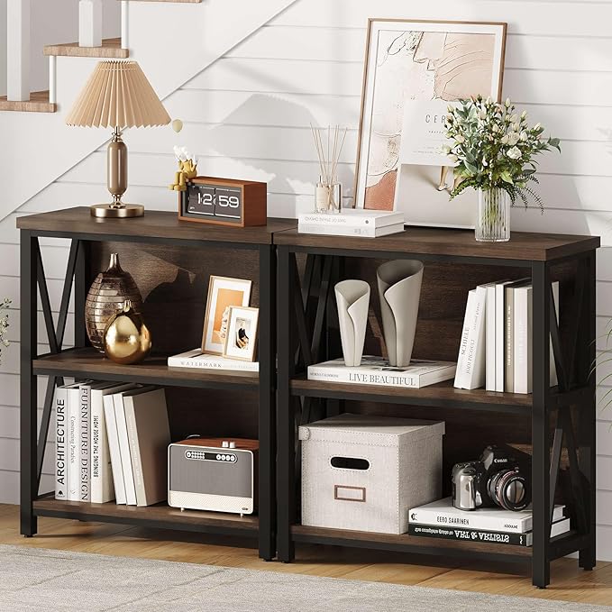 FATORRI Small Bookshelf, Rustic Book Shelf for Small Space, Low Short Bookcase, Industrial Wood and Metal Bookshelf and Bookcase for Living Room (Rustic Brown)