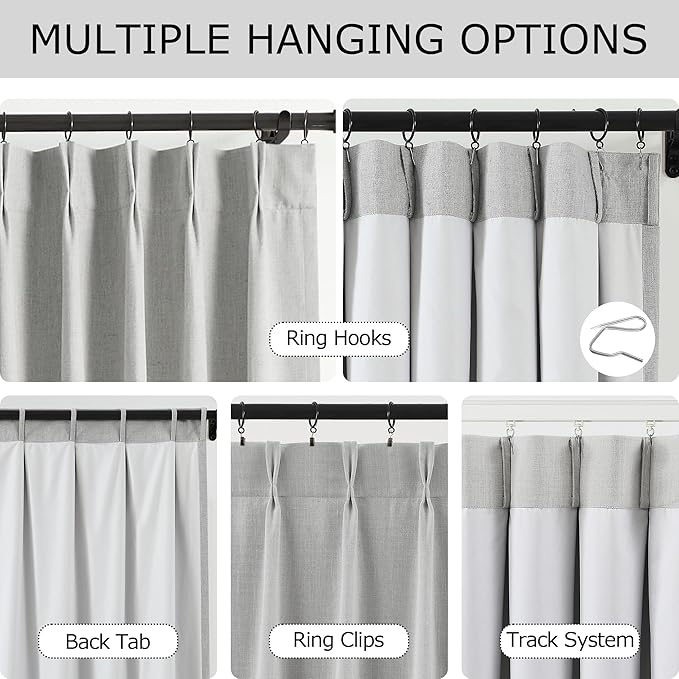 Vision Home Light Gray Pinch Pleated Full Blackout Curtains Linen Blended Room Darkening Curtain Panels 72 inch for Living Room Bedroom Thermal Insulated Pinch Pleat Drapes with Hooks 40" Wx72 Lx2