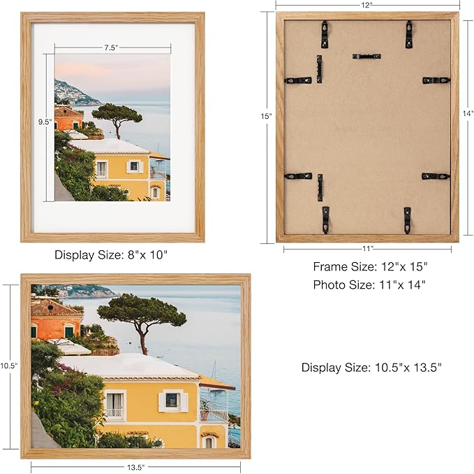 Axeman 11x14 Picture Frame with Mat for 8x10, Solid Oak Wood Picture Frames with Tempered Glass, Natural Wooden 11x14 inch Photo Frame for Wall with Wall Hook Included, Set of 3, Natural