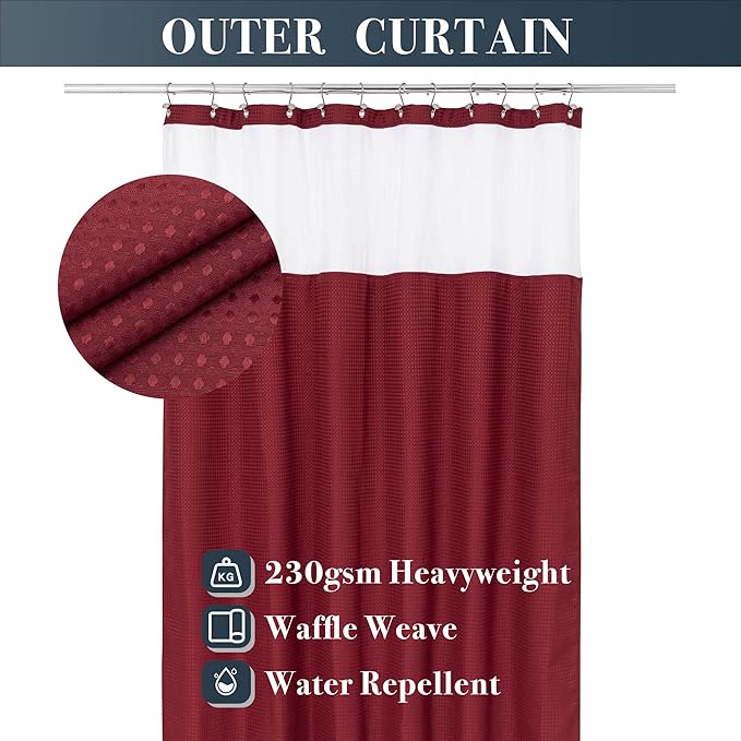 N&Y HOME Waffle Weave Shower Curtain with Snap-in Fabric Liner & 12 Metal Hooks Set - Hotel Style, Waterproof & Washable, Heavyweight Fabric & Mesh Top Window - 71x72, Wine Red