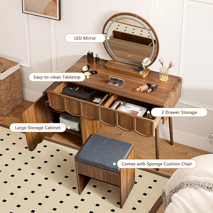 ORRD Vanity Desk with Mirror and Lights, Modern Wood Wave Panel Vanity Desk Set Makeup Table with Drawers and Cabinet, Dressing Table with Storage for Bedroom, Walnut