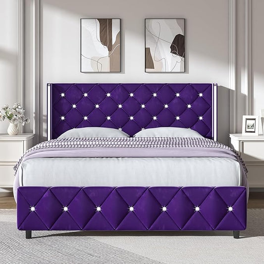HOMBCK Queen Size Bed Frames with Headboard, Black Velvet Queen Bed Frame with Wingback, Upholstered Bed Frame with Diamond Headboard, Wood Slat Support, No Box Spring Needed, Easy Assembly,Purple