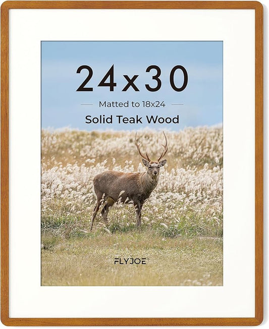 24x30 Frame - Solid Teak Wood 24x30 Poster Frame, 24''x30'' Puzzle Frame With Mat For 18x24, Tempered Glass and Hanging Hardware Included, Minimalist 24 x 30 Frame Wood, Natural Teak