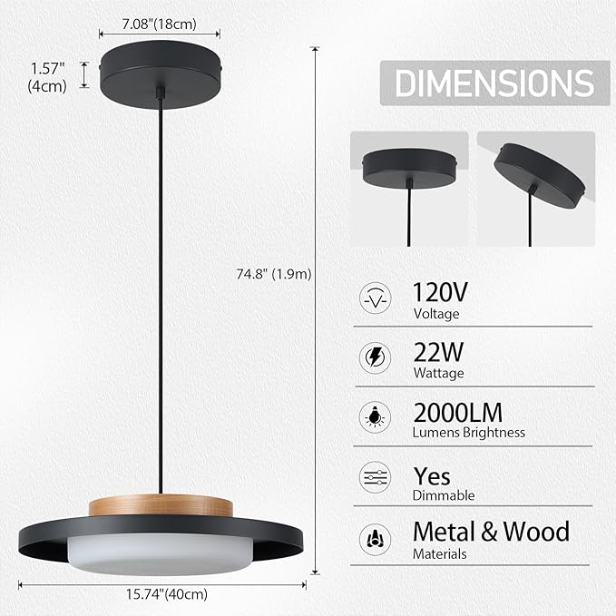Dimmable Pendant Lights,15 inch,Natural Wood Cap,3000K/Warm White/22W,LED Pendant Light Fixtures for Kitchen, Dining Room, Living Room,Black