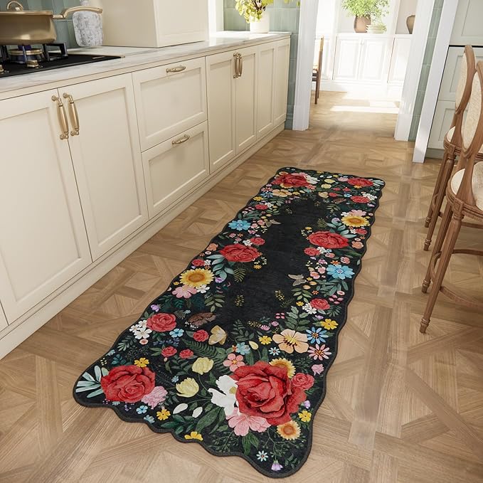 Kitchen Runner 2'x 6' Washable Floral Runner Rugs Kitchen Rug Boho Vintage Low Pile Carpet for Hallway, Entryway, Laundry Room, Bathroom High Traffic Areas Indoor Decor (Black
