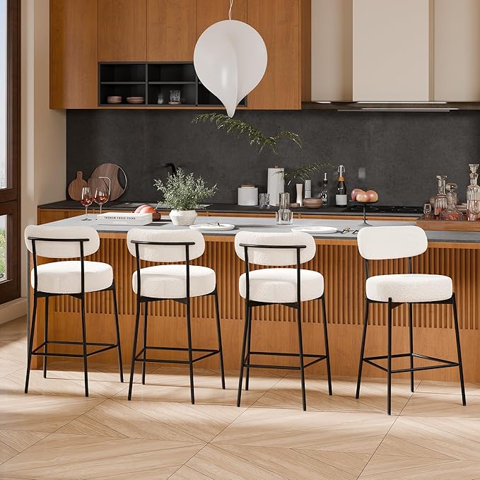 DYHOME Bar Stools Set of 4, 24 Inches Modern Counter Height Bar Stools with Curved Back Metal Legs, White Upholstered Boucle Barstools for Kitchen Island, Cafe