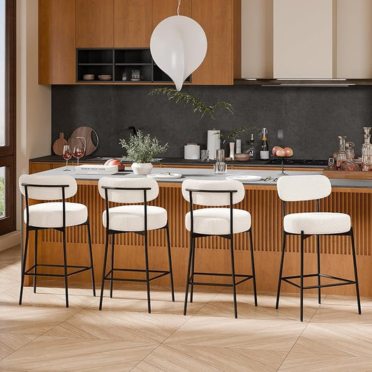 DYHOME Bar Stools Set of 4, 24 Inches Modern Counter Height Bar Stools with Curved Back Metal Legs, White Upholstered Boucle Barstools for Kitchen Island, Cafe