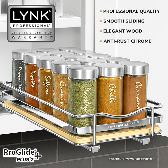 LYNK PROFESSIONAL® Élite™ Pull Out Spice Rack Organizer for Inside Kitchen Cabinets - 6-1/4 inch Wide - Slide Out Drawer – Wood/Chrome Sliding Spice Cabinet Organization Shelf Racks - 1 Tier