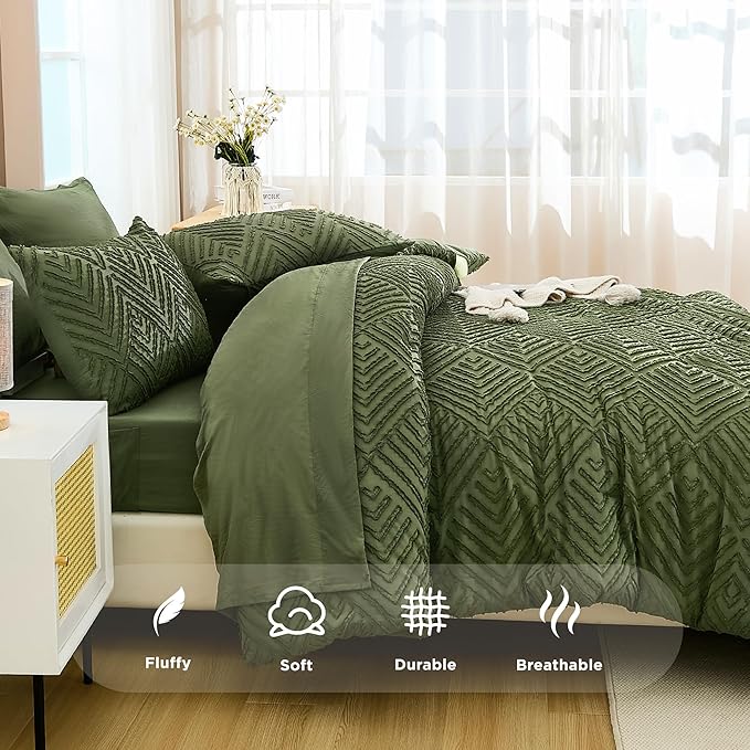 Andency Olive Green Full Size Comforter Sets with Sheets - 7 Pieces Bed in a Bag Boho Tufted Bedding Sets Fluffy Lightweight Full Bed Set with Comforter, Sheets, Pillowcases & Shams for All Season