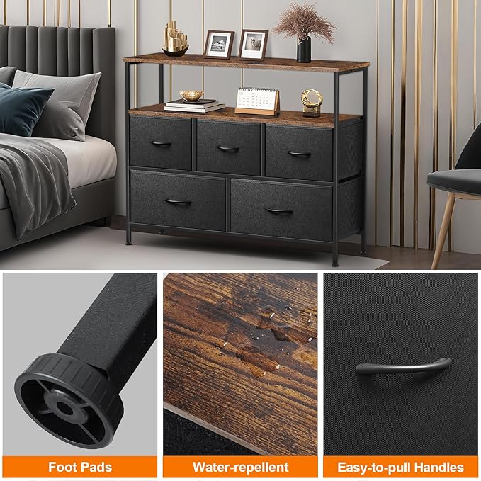 TV Stands for 42 inches TV, TV Stands for Living Room, Entertainment Center with Storage, TV Console with Open Shelves (Black and Rustic Brown)