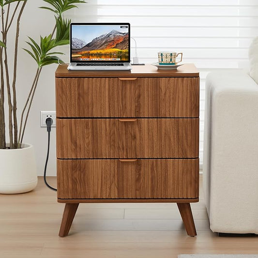 Fluted 3 Drawer Small Dresser for Bedroom, Mid Century Modern Nightstand with Charging Table Top, Low Bedside Table for Closet Cloth, End Table Short Storage, Living Room, Dorm -Walnut