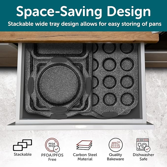 BAKKEN Kitchen Baking Pan Set - Nonstick Coating, Carbon Steel Bakeware Sets with Gray Silicone Handles, Baking Kitchen Essentials, PFOA, PFOS, PTFE Free, Oven Safe Tray (Up To 450° F), Set of 10