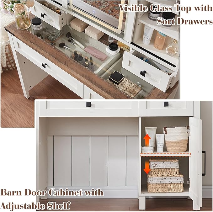 42'' Farmhouse Makeup Vanity Desk with Sliding Mirror and Lights, Glass Tabletop Vanity Table with Barn Door, 4 Drawers & Hidden Shelves, Rustic Big Vanity Women Dressing Table, Antique White