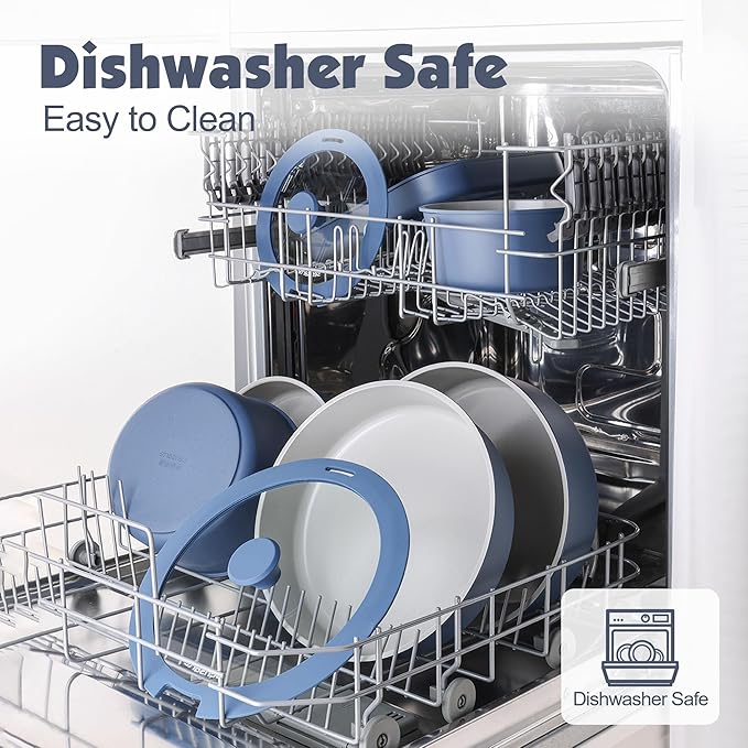 SENSARTE 17 Piece Ceramic Pots and Pans Set, Nonstick Detachable Handle Cookware, Induction Kitchen Cookware Set with Removable Handle, Dishwasher ＆ Oven Safe (Navy)