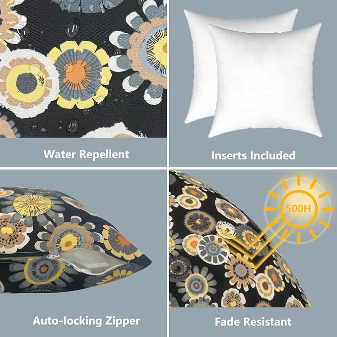 LVTXIII Outdoor Throw Pillows, Decorative Throw Pillows with Inserts, 20"x20" Square Pillows for Bed, Couch, Sofa and Patio Furniture, Set of 2, Black Yellow Crosby