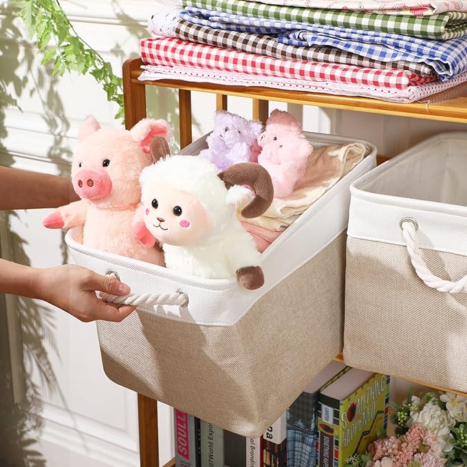 meekoo 8 Pack Collapsible Storage Bins Fabric Storage Bins Polyester Fabric Baskets with Handles Linen Closet Organizer for Shelf Home Closet Towels Toys(15 x 11 x 9.5 in,Beige)