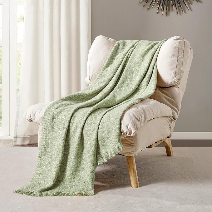 BOURINA Faux Cashmere Fringe Throw Blanket Decorative Lightweight Throw Soft Cozy for Bed or Sofa Outdoor Blanket, 50" x 70" Mint