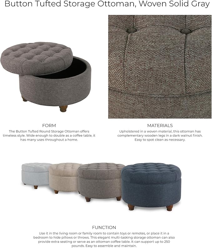 Homepop Home Decor | Button Tufted Woven Round Storage Ottoman | Ottoman with Storage for Living Room & Bedroom (Dark Gray)