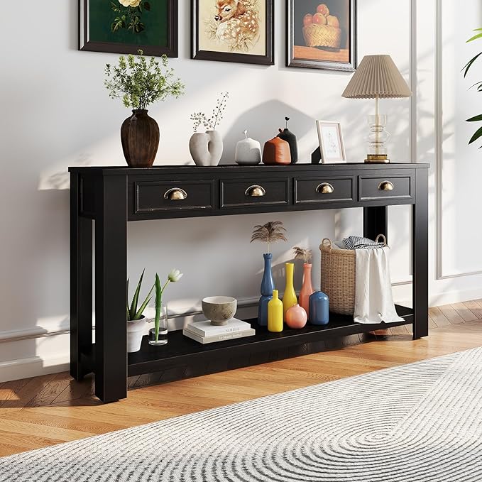 Console Table for Entryway, 60 Inch Sofa Table Narrow Long Hallway Table, ConsoleTable w/4 Drawers and Bottom Shelf for Living Room Entryway Home,Kitchen Counter,Black