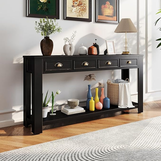 Console Table for Entryway, 60 Inch Sofa Table Narrow Long Hallway Table, ConsoleTable w/4 Drawers and Bottom Shelf for Living Room Entryway Home,Kitchen Counter,Black