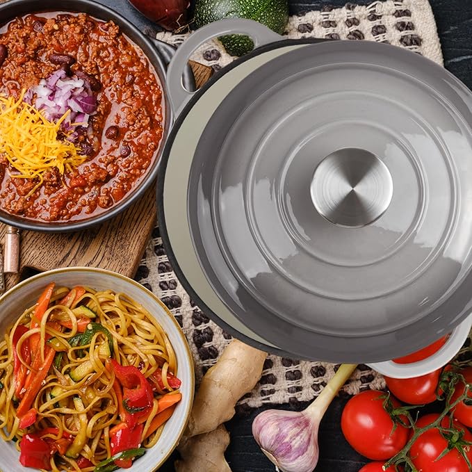 3 Quart Dutch Oven Enameled Cast Iron with Lid - Big Dual Handles - Oven Safe up to 500°F - Classic Round Pot for Versatile Cooking Light Gray