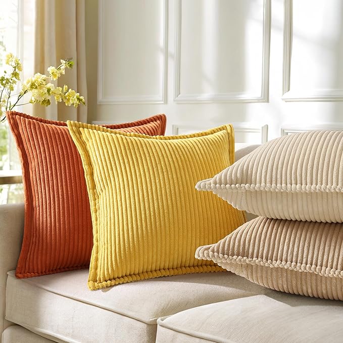 decorUhome Corduroy Light Brown Throw Pillow Covers 18x18 Set of 2 Decorative Soft Boho Striped Neutral Euro Farmhouse Couch Pillow Covers with Broadside for Living Room Bed Sofa