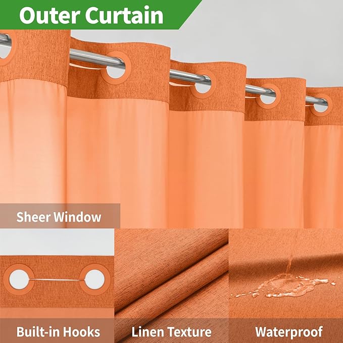 Stall No Hooks Needed Linen Textured Shower Curtain with Snap-in Fabric Liner Set,Hotel Luxury Decor Farmhouse Shower Curtains for Bathroom,Waterproof & Washable,54Wx80H,Burnt Orange