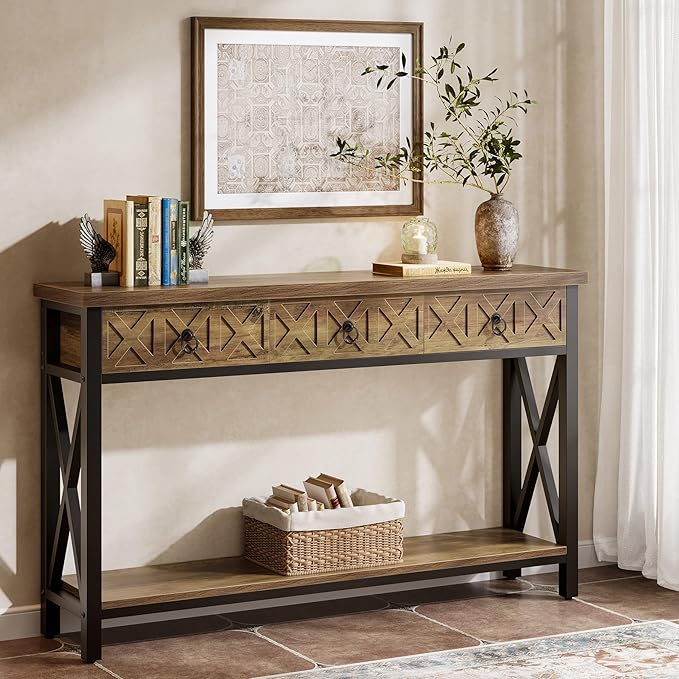 Tribesigns Farmhouse Narrow Console Table with 3 Drawers, 55" Long Rustic Entryway Table with 2-Tier Storage Shelf, Behind The Sofa Furniture for Living Room, Entrance, Hallway, Foyer, Brown & Black