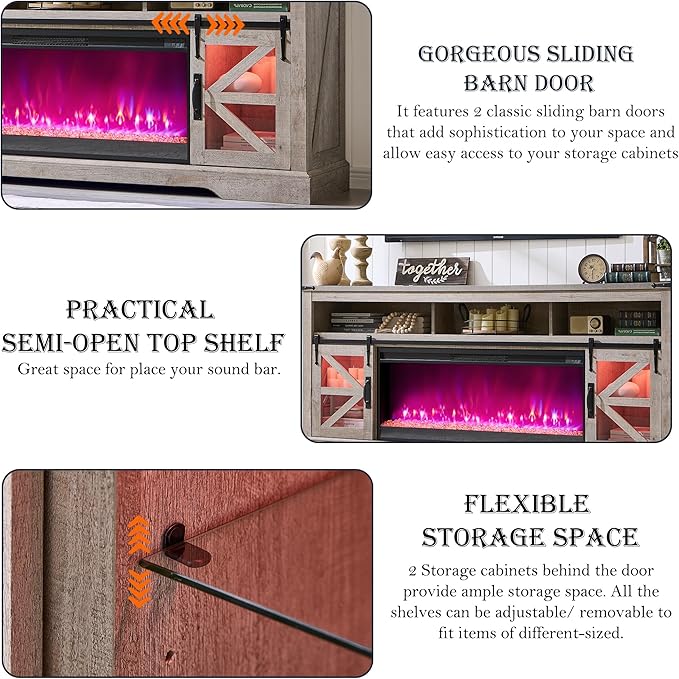 OKD 75" Fireplace TV Stand for 85" TV, 33" Tall Highboy Farmhouse Entertainment Center w/ 42'' Electric Fireplace, LED Light, Rustic Media Console w/Sliding Barn Door for Living Room, Light Rustic Oak