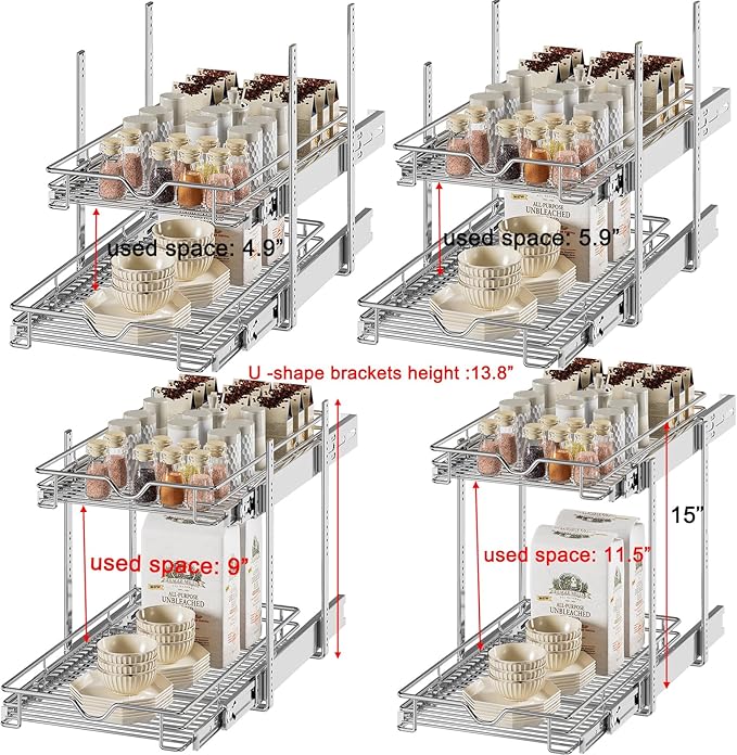 DINDON Pull Out Cabinet Organizer (14" W X 21" D), Cabinet Pull Out Shelves, 2 Tier Pull Out Drawers for Kitchen Cabinets, Wire Basket Slide Out Shelf for Cabinet Organization in Kitchen, Pantry