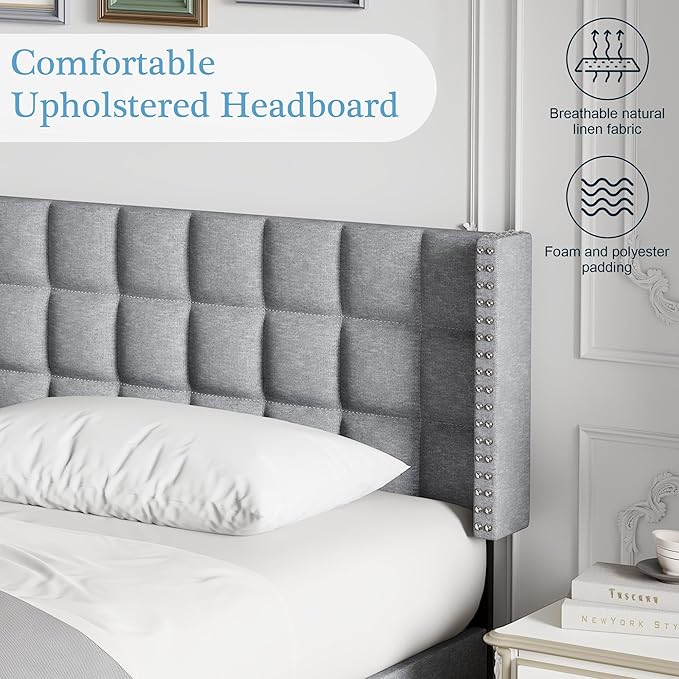VECELO Headboard King Size, Linen Upholstered Headboards Only with Nailhead Trim Wingback, Square Stitched Design, Adjustable Height from 40" to 49.8", Light Grey