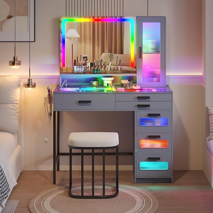 RGB Vanity Desk with Mirror and Lights, Glass Top Makeup Vanity with 6 Drawers & Wireless Charging,Vanity Table Set with RGB Cabinet Light and Jewelry Box, for Girls Bedroom,Grey