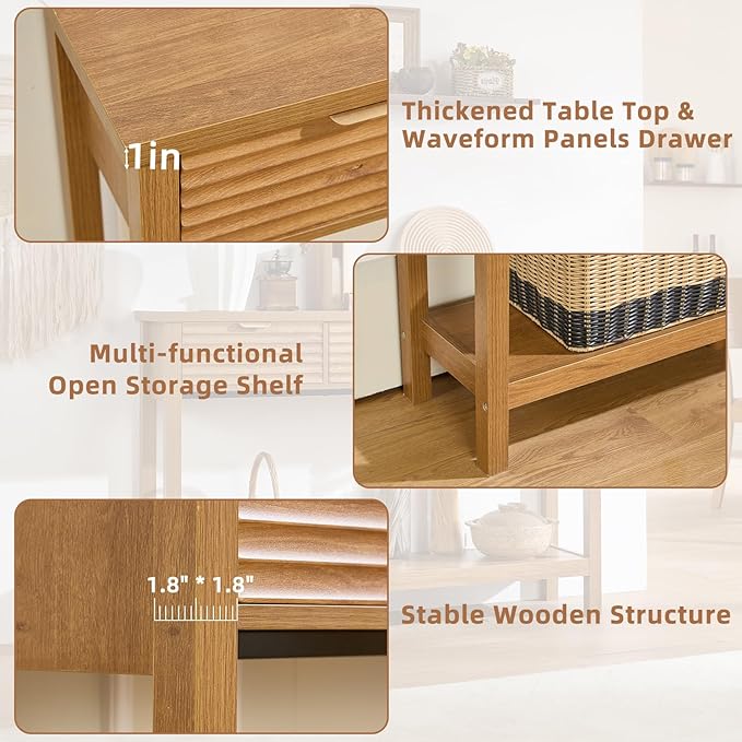 LEYAOYAO Fluted 47.2" Console Table with 3 Drawers, Modern Wood 2 Tier Entryway Table with Open Storage Shelf, Boho Sofa Entry Tables Behind Couch for Living Room, Hallway, Entrance Foyer, Tea Brown