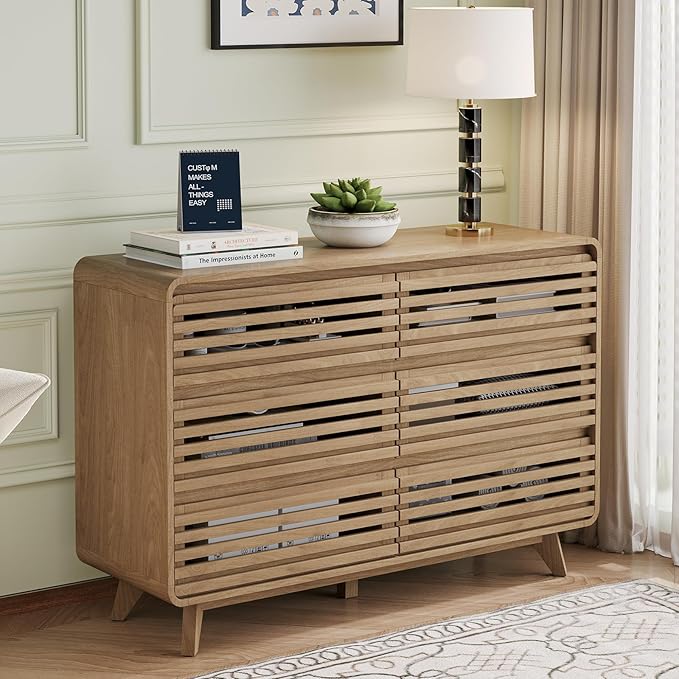 Fluted Dresser for Bedroom, Wide 6 Drawers Dresser, Chests of Drawers with Grille & Curved Design, Dressers Slides Pre-Installed, Large Wood Drawer Organizer for Bedroom Hallway, Natural Oak