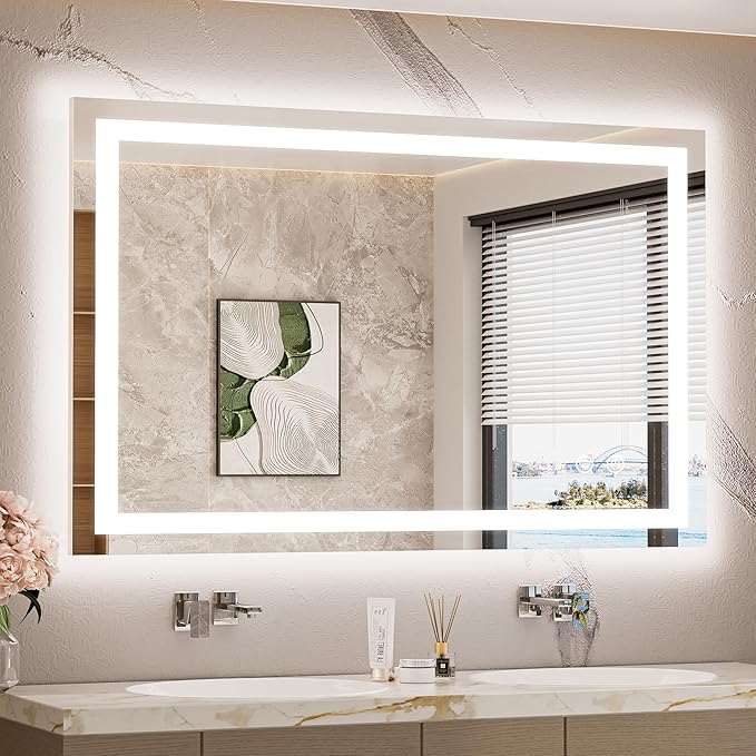 TETOTE LED Bathroom Mirror with Lights 40 x 24 Brighter Light up Mirror for Bathroom Vanity, Front and Backlit 3-Color Dimmable Illuminated Antifog Mirror Wall Mounted, Waterproof, Tempered Glass