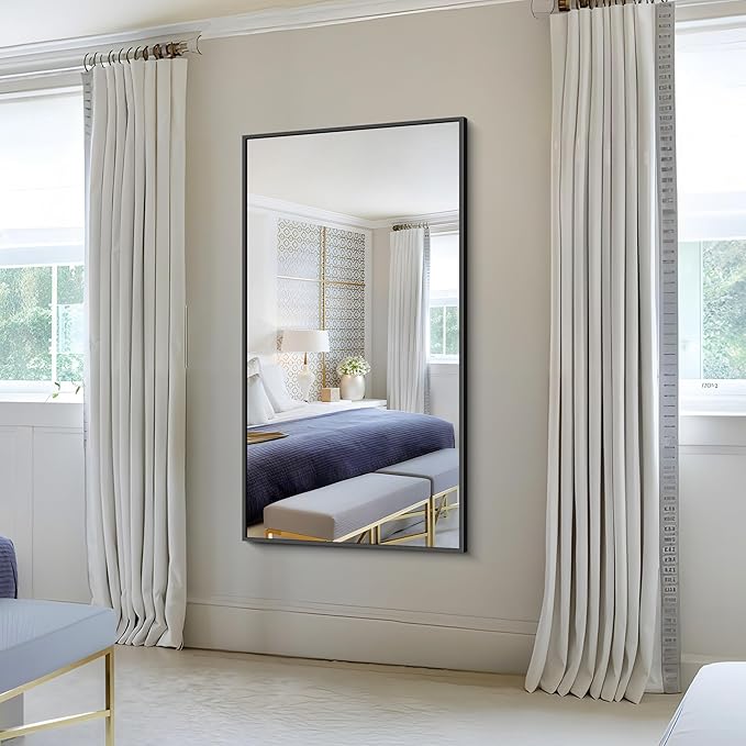 KOCUUY 30x55 Inch Large Black Wall Mounted Mirror,Aluminum Framed Decorative Rectangular Bathroom Mirror for Wall Over Sink,Vanity Mirror for Bedroom Living Room Bathroom,Functional Oversized Mirror