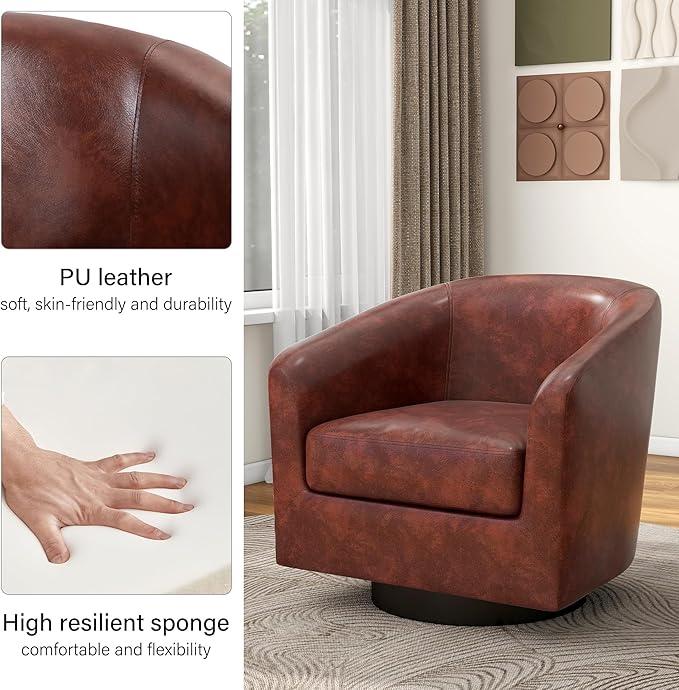 Swivel Barrel Accent Chair, Modern Round Faux Leather Arm Chair for Living Room, Bedroom, Comfy Club Reading Chairs for Adults(Faux Leather, Red Brown, Set of 4)