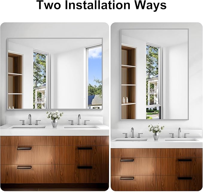 KOCUUY Silver Bathroom Mirror, 48"x36" Large Rectangular Mirror with Metal Frame, Brushed Nickel Vanity Mirror with Modern Design for Bathroom, Living Room, Entryway, Hang Horizontal/Vertical