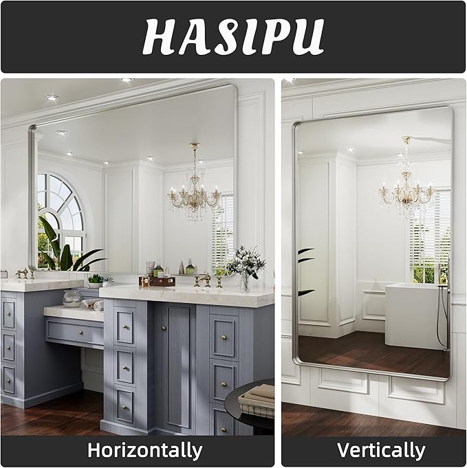 Hasipu Brushed Silver Bathroom Mirror 59x39 Inch Rounded Rectangle Vanity Mirror Metal Framed Wall Mirrors Anti-Rust Surface Mount (Horizontal/Vertical)