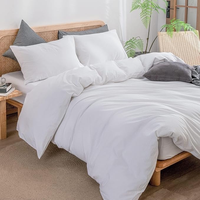 BESTOUCH Duvet Cover Set 100% Washed Cotton Linen Feel Super Soft Comfortable Chic Lightweight 3 PCs Home Bedding Set Solid Bright White Oversized Full