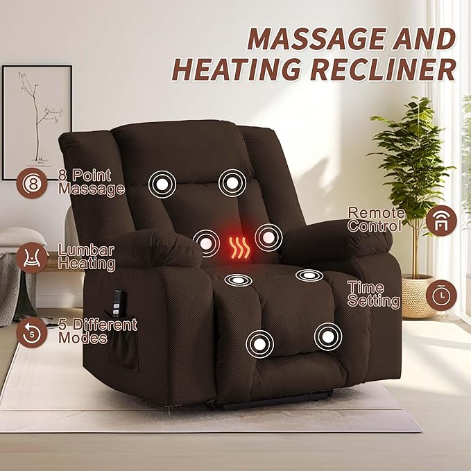 Oversized Dual Motor Power Lift Recliner for Adults, Electric Lift Chair with Heating and Massage, Waffle Fabric Electric Recliner Chair with Side Pockets, Wide Recliner for Living Room