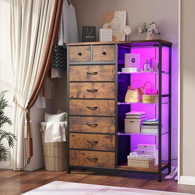 EnHomee Dresser for Bedroom with LED Lights & Power Outlets Tall Dresser with 8 Drawers Fabric Dressers & Chests of Drawers for Bedroom, Closet, Sturdy Metal Frame, Acrylic Plates (Rustic Brown)