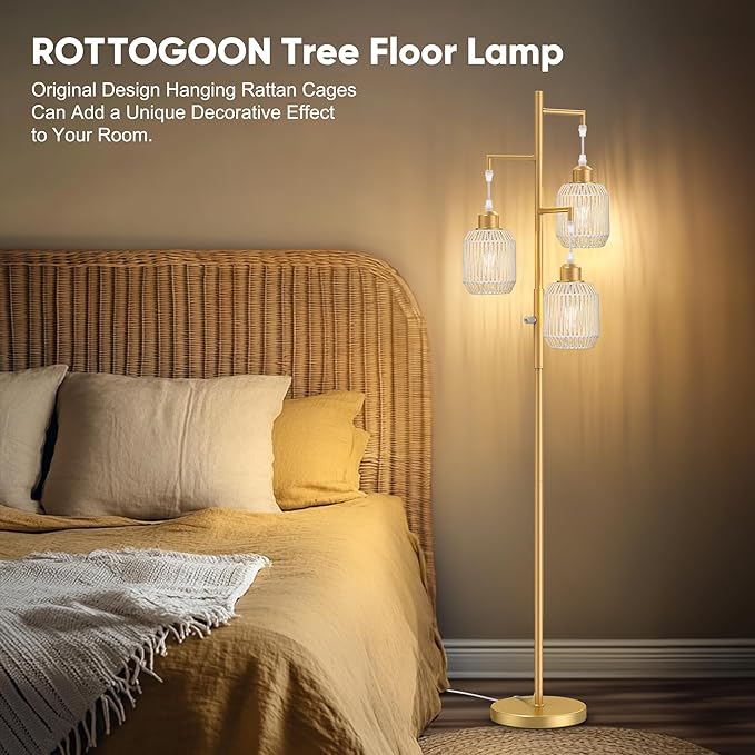 ROTTOGOON Dimmable Boho Floor Lamp - 3 Light Farmhouse Rattan Floor Lamp for Living Room, Industrial Tree Floor Lamps with 3 X 6W LED Bulbs, Rustic Standing Tall Lamp for Bedroom, 68", White
