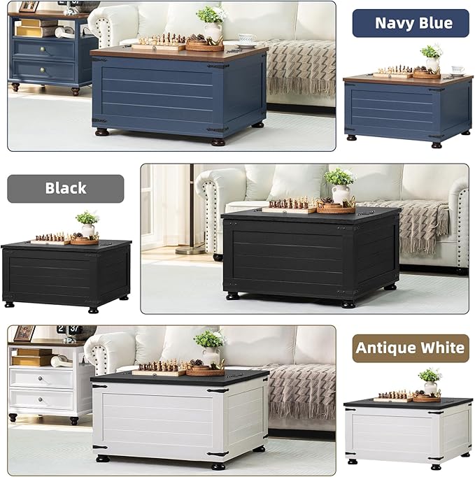Farmhouse Coffee Table with Hidden Storage, Square Large Center Table for Living Room, Vintage Cocktail Tables with Flip-Top Lids, Farm House Tables with Wood Gourd Feet, Antique White & Black