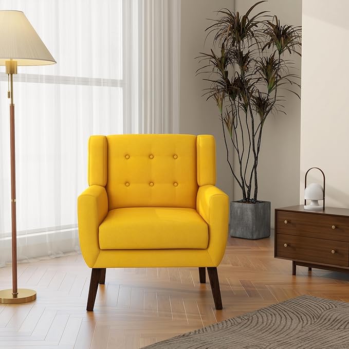 Accent Chair, Mid-Century Modern Fabric Chairs with Arms for Living Room, Comfy Upholstered Club Single Sofa Armchair for Bedroom Waiting Room with Solid Wood Frame (Fabric Yellow, Set of 2)